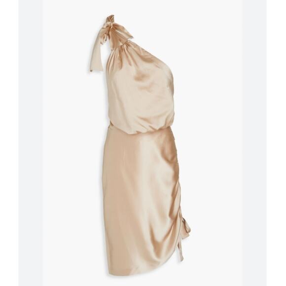 RETROFÊTE Nadia One-shoulder Ruched Stretch-Silk Satin Mini Dress Sz L Champaign - Picture 2 of 14